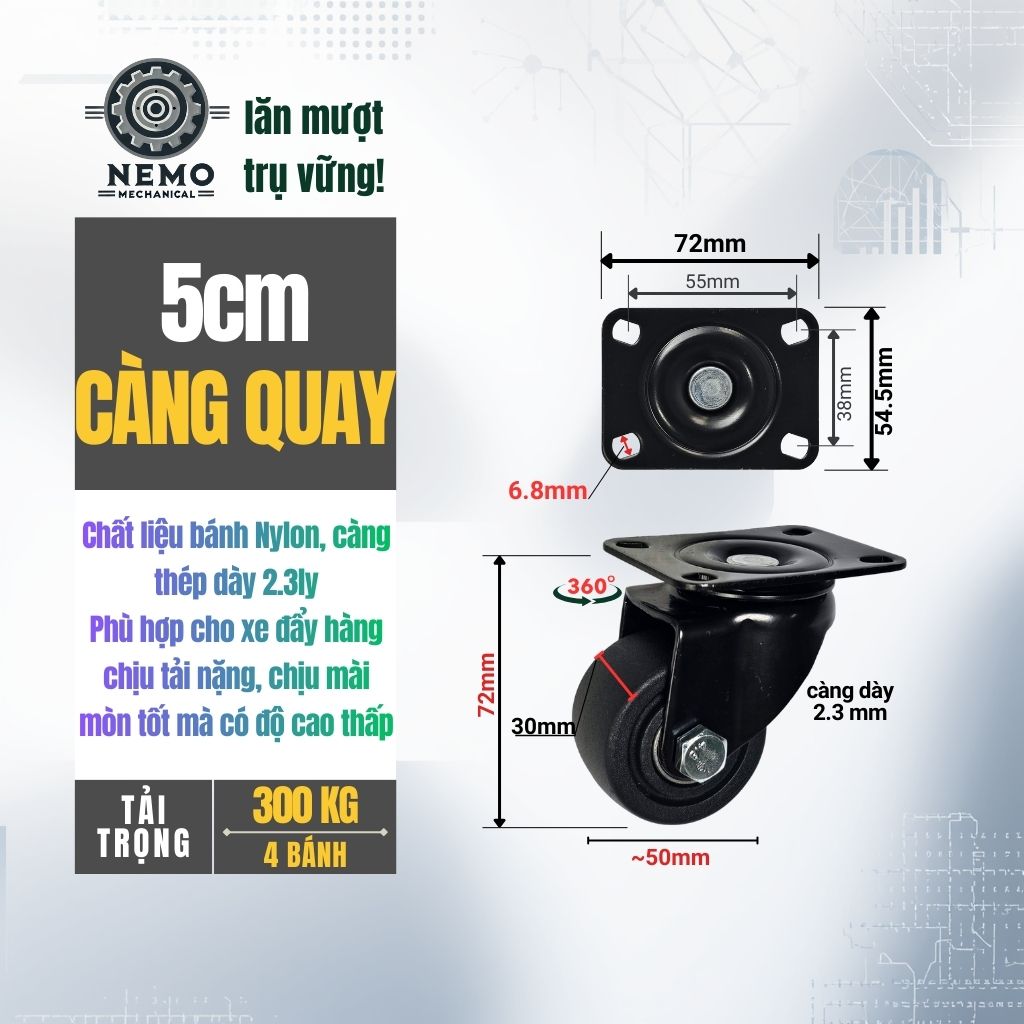 Bánh Xe Nylon Lùn Tải Nặng – Trọng Tâm Thấp, Càng Thép Dày 3mm (D50, D65, D75)